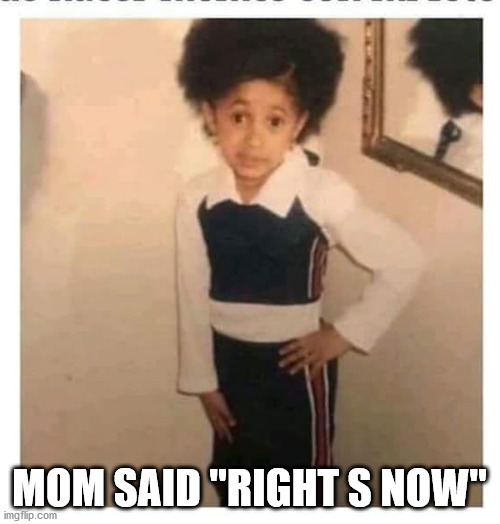 My mom said | MOM SAID "RIGHT S NOW" | image tagged in my mom said | made w/ Imgflip meme maker