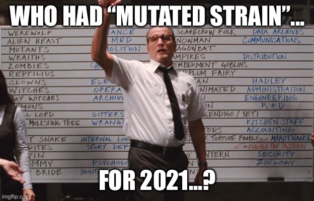 Covid-19, mutated strain, lottery | WHO HAD “MUTATED STRAIN”... FOR 2021...? | image tagged in cabin the the woods | made w/ Imgflip meme maker