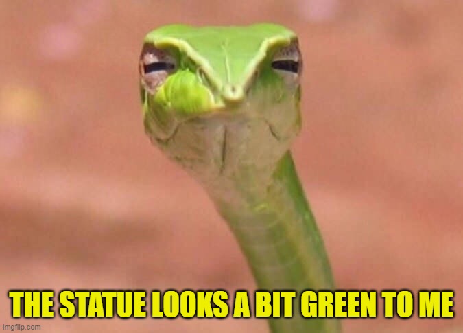 Skeptical snake | THE STATUE LOOKS A BIT GREEN TO ME | image tagged in skeptical snake | made w/ Imgflip meme maker