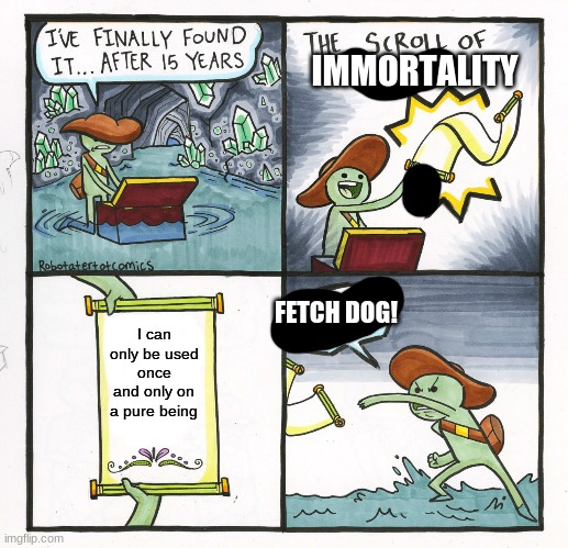 The GOODEST OF BOYS | IMMORTALITY; FETCH DOG! I can only be used once and only on a pure being | image tagged in memes,the scroll of truth | made w/ Imgflip meme maker