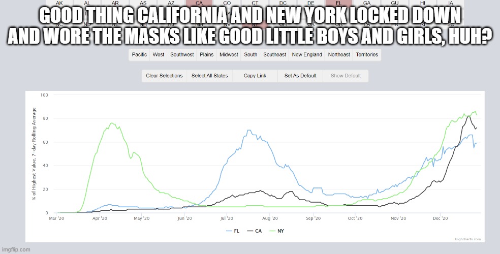 GOOD THING CALIFORNIA AND NEW YORK LOCKED DOWN AND WORE THE MASKS LIKE GOOD LITTLE BOYS AND GIRLS, HUH? | made w/ Imgflip meme maker