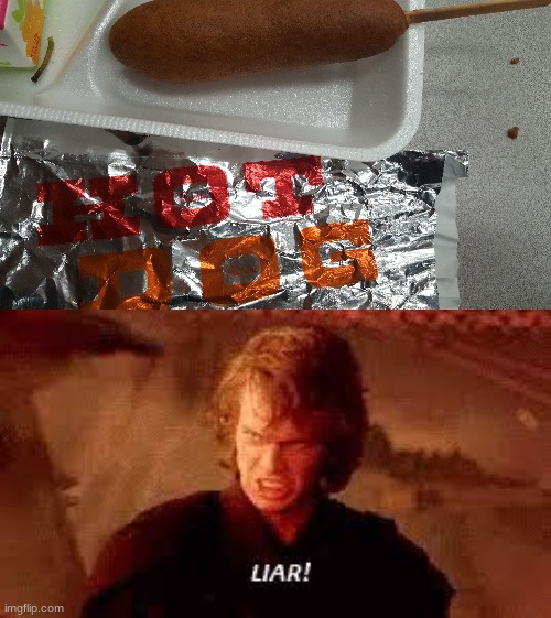 This actually happened when I took it out. | image tagged in anakin liar,hot dog,corn dog | made w/ Imgflip meme maker