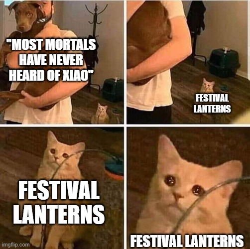 Cat Left Out Crying | "MOST MORTALS HAVE NEVER HEARD OF XIAO"; FESTIVAL LANTERNS; FESTIVAL LANTERNS; FESTIVAL LANTERNS | image tagged in cat left out crying,genshin impact,lantern festival | made w/ Imgflip meme maker