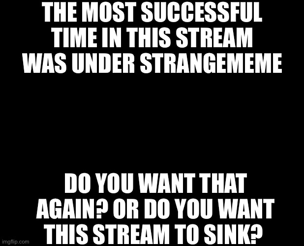Vote WhiteNationalist And GreenieMeanie | THE MOST SUCCESSFUL TIME IN THIS STREAM WAS UNDER STRANGEMEME; DO YOU WANT THAT AGAIN? OR DO YOU WANT THIS STREAM TO SINK? | image tagged in blank black,vote,greeniemeanie,and,whitenationalist | made w/ Imgflip meme maker