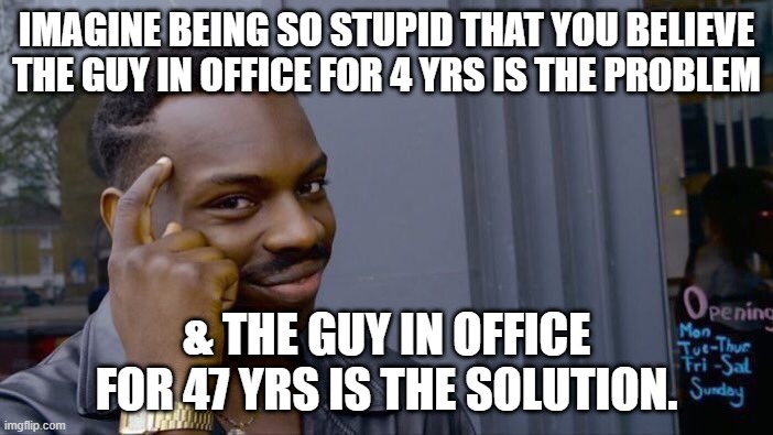 Imagine being so stupid | IMAGINE BEING SO STUPID THAT YOU BELIEVE THE GUY IN OFFICE FOR 4 YRS IS THE PROBLEM; & THE GUY IN OFFICE FOR 47 YRS IS THE SOLUTION. | image tagged in memes,roll safe think about it | made w/ Imgflip meme maker