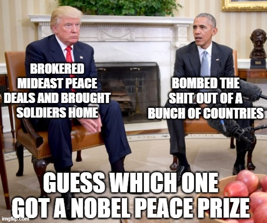 Obama and Trump | BOMBED THE SHIT OUT OF A BUNCH OF COUNTRIES; BROKERED MIDEAST PEACE DEALS AND BROUGHT SOLDIERS HOME; GUESS WHICH ONE GOT A NOBEL PEACE PRIZE | image tagged in obama and trump | made w/ Imgflip meme maker