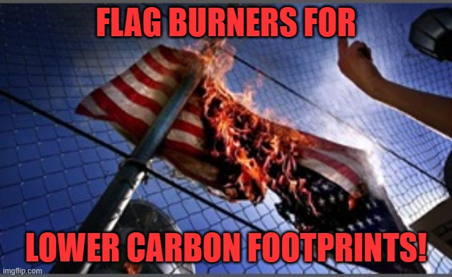 flag burning upside down | FLAG BURNERS FOR LOWER CARBON FOOTPRINTS! | image tagged in flag burning upside down | made w/ Imgflip meme maker