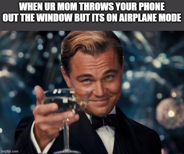 Leonardo Dicaprio Cheers | WHEN UR MOM THROWS YOUR PHONE OUT THE WINDOW BUT ITS ON AIRPLANE MODE | image tagged in memes,leonardo dicaprio cheers,phone,airplane,airplane mode,potato | made w/ Imgflip meme maker