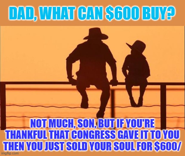 Dad, what's a man's soul worth? | DAD, WHAT CAN $600 BUY? NOT MUCH, SON, BUT IF YOU'RE THANKFUL THAT CONGRESS GAVE IT TO YOU THEN YOU JUST SOLD YOUR SOUL FOR $600/ | image tagged in cowboy father and son,stimulus,congress | made w/ Imgflip meme maker