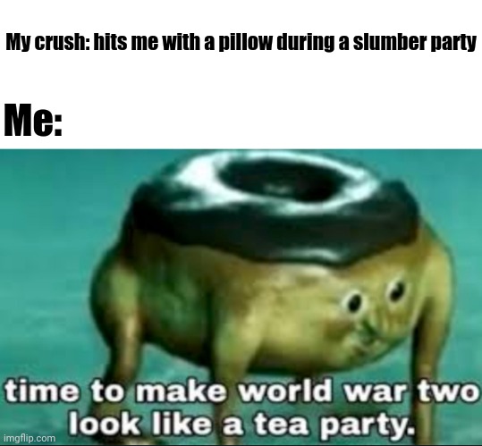 Fun pillow fight during a slumber party | My crush: hits me with a pillow during a slumber party; Me: | image tagged in time to make world war 2 look like a tea party,memes,meme,dank memes,dank meme,crush | made w/ Imgflip meme maker