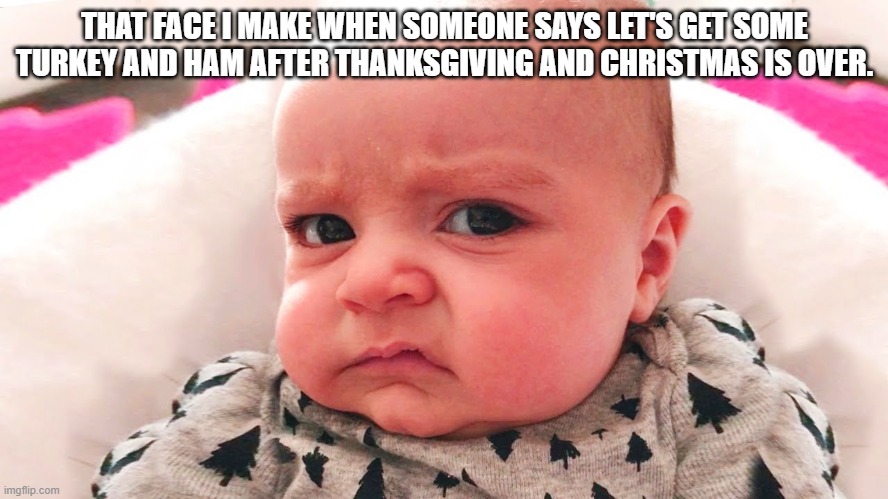 Yech | THAT FACE I MAKE WHEN SOMEONE SAYS LET'S GET SOME TURKEY AND HAM AFTER THANKSGIVING AND CHRISTMAS IS OVER. | image tagged in turkey,food,holiday,thanksgiving dinner | made w/ Imgflip meme maker
