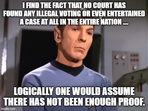 no proof illogical | I FIND THE FACT THAT NO COURT HAS FOUND ANY ILLEGAL VOTING OR EVEN ENTERTAINED A CASE AT ALL IN THE ENTIRE NATION .... LOGICALLY ONE WOULD ASSUME THERE HAS NOT BEEN ENOUGH PROOF. | image tagged in cheating,steal,election 2020 | made w/ Imgflip meme maker