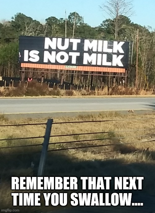 Nut Milk | REMEMBER THAT NEXT TIME YOU SWALLOW.... | image tagged in comedy,signs/billboards,nuts,got milk | made w/ Imgflip meme maker