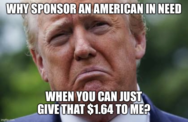 Sad Donnie | WHY SPONSOR AN AMERICAN IN NEED WHEN YOU CAN JUST GIVE THAT $1.64 TO ME? | image tagged in sad donnie | made w/ Imgflip meme maker