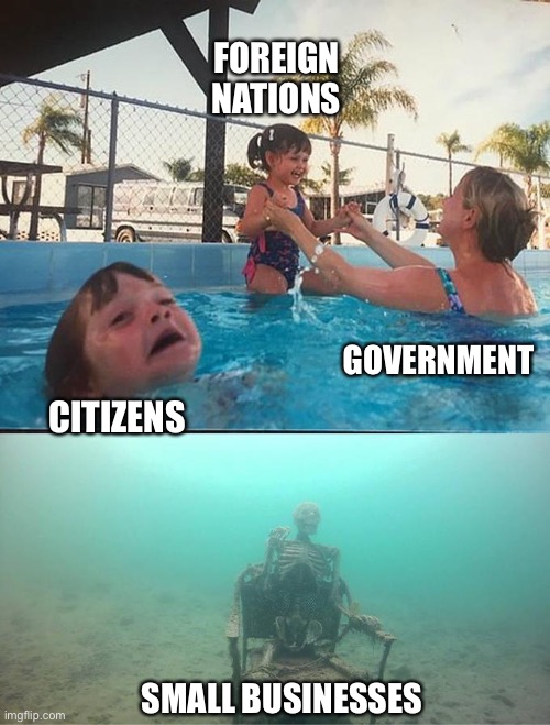 Drowning kid in the pool | FOREIGN NATIONS; GOVERNMENT; CITIZENS; SMALL BUSINESSES | image tagged in drowning kid in the pool | made w/ Imgflip meme maker