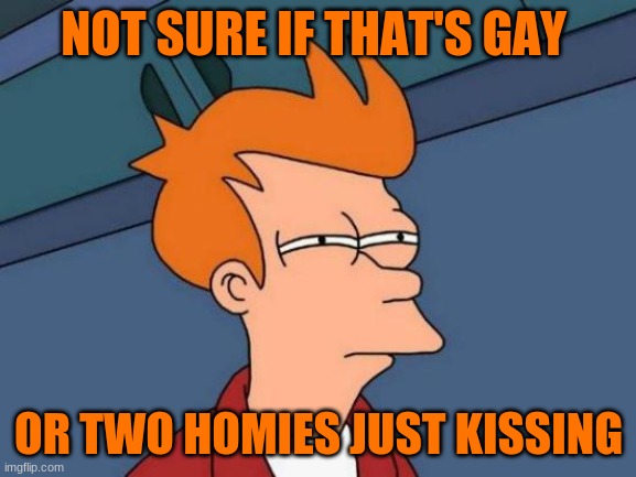 That sounds pretty gay my dude | NOT SURE IF THAT'S GAY; OR TWO HOMIES JUST KISSING | image tagged in memes,futurama fry,gay,homies | made w/ Imgflip meme maker