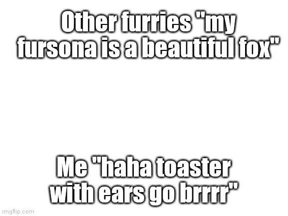 Don't worry I'm not dead thx for asking though (you know who you are) | Other furries "my fursona is a beautiful fox"; Me "haha toaster with ears go brrrr" | image tagged in blank white template,memes | made w/ Imgflip meme maker