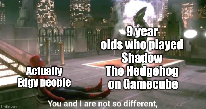 The game is probably as worse as sonic 06 | 9 year olds who played Shadow The Hedgehog  on Gamecube; Actually Edgy people | image tagged in you and i are not so diffrent | made w/ Imgflip meme maker