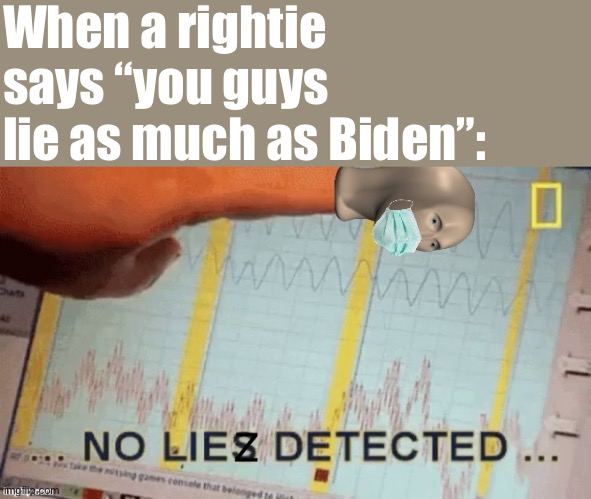 Yes, we do. And they lie as much as Trump. So, where does that leave us? |  When a rightie says “you guys lie as much as Biden”: | image tagged in no liez detected with face mask,ironic,joe biden,biden,conservative logic,conservative hypocrisy | made w/ Imgflip meme maker