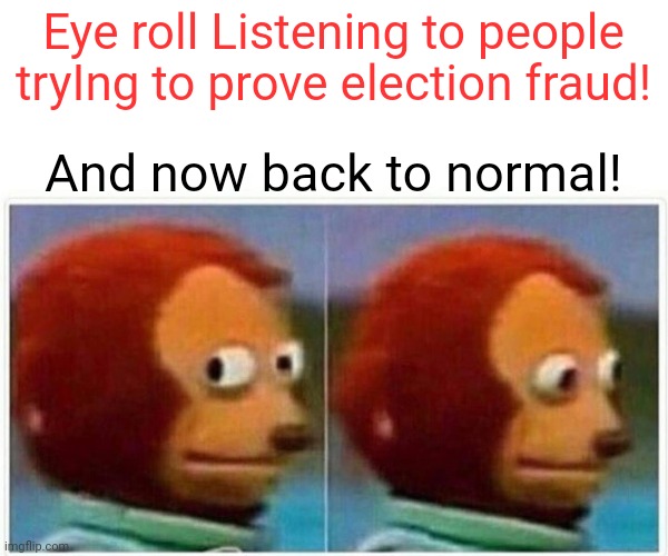 And the eye roll has it for the lead... | Eye roll Listening to people tryIng to prove election fraud! And now back to normal! | image tagged in memes,monkey puppet,politics,voter fraud,donald trump,joe biden | made w/ Imgflip meme maker