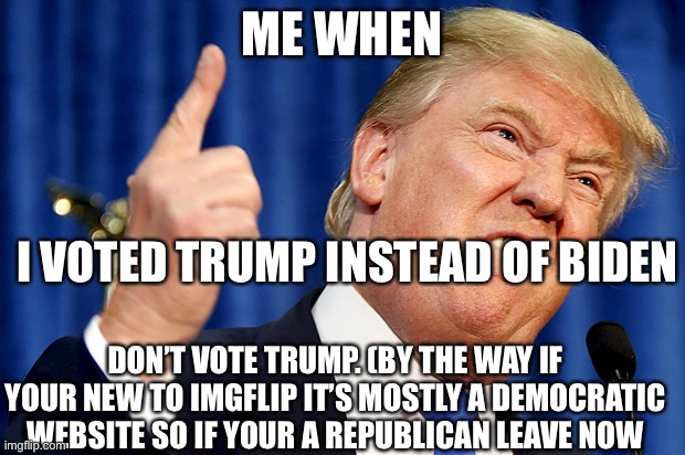 Donald Trump | ME WHEN; I VOTED TRUMP INSTEAD OF BIDEN; DON’T VOTE TRUMP. (BY THE WAY IF YOUR NEW TO IMGFLIP IT’S MOSTLY A DEMOCRATIC WEBSITE SO IF YOUR A REPUBLICAN LEAVE NOW | image tagged in donald trump | made w/ Imgflip meme maker