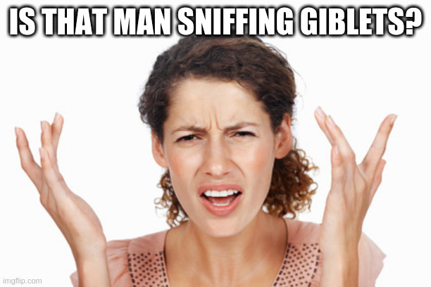 Indignant | IS THAT MAN SNIFFING GIBLETS? | image tagged in indignant | made w/ Imgflip meme maker