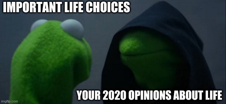 Evil Kermit | IMPORTANT LIFE CHOICES; YOUR 2020 OPINIONS ABOUT LIFE | image tagged in memes,evil kermit | made w/ Imgflip meme maker