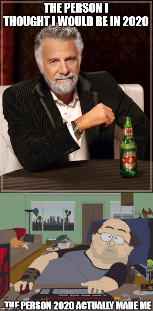 THE PERSON I THOUGHT I WOULD BE IN 2020; THE PERSON 2020 ACTUALLY MADE ME | image tagged in memes,the most interesting man in the world,fat gamer,2020 sucks | made w/ Imgflip meme maker