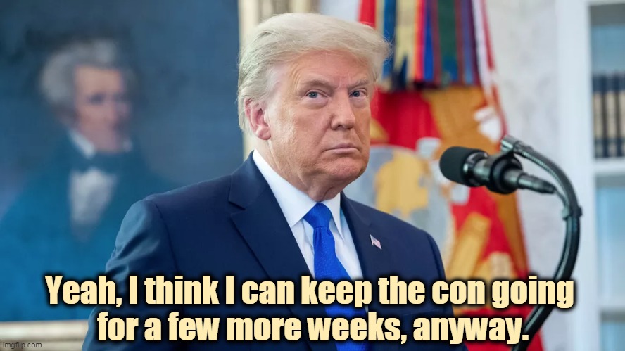 God, how the money rolls in. | Yeah, I think I can keep the con going 
for a few more weeks, anyway. | image tagged in trump,con man,greed,madness | made w/ Imgflip meme maker