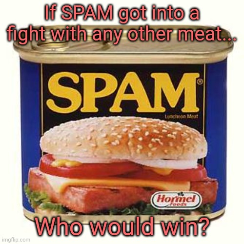 Spam is good for you! | If SPAM got into a fight with any other meat... Who would win? | image tagged in spam,morrrrrrr spam,even morrrrrrr spam,spammers,i love spam | made w/ Imgflip meme maker