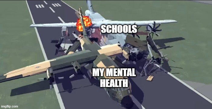 MY MENTAL HEALTH (A new meme template has been born My friends!) [My meme] | SCHOOLS; MY MENTAL HEALTH | image tagged in plane crash | made w/ Imgflip meme maker