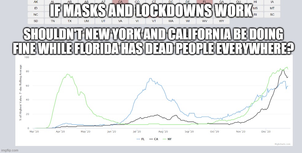 Does The Virus Actively Attack Blue States? | IF MASKS AND LOCKDOWNS WORK; SHOULDN'T NEW YORK AND CALIFORNIA BE DOING FINE WHILE FLORIDA HAS DEAD PEOPLE EVERYWHERE? | image tagged in covid,lockdowns,tyranny | made w/ Imgflip meme maker