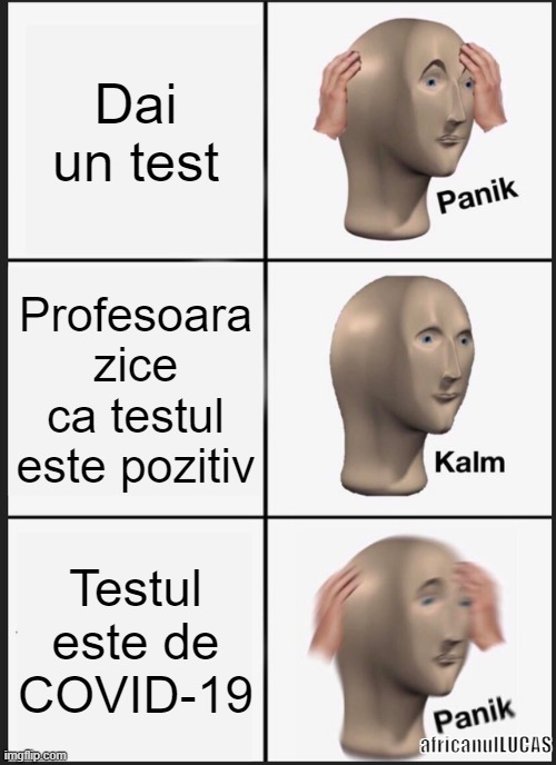Un meme | Dai un test; Profesoara zice ca testul este pozitiv; Testul este de COVID-19; africanulLUCAS | image tagged in memes,panik kalm panik | made w/ Imgflip meme maker