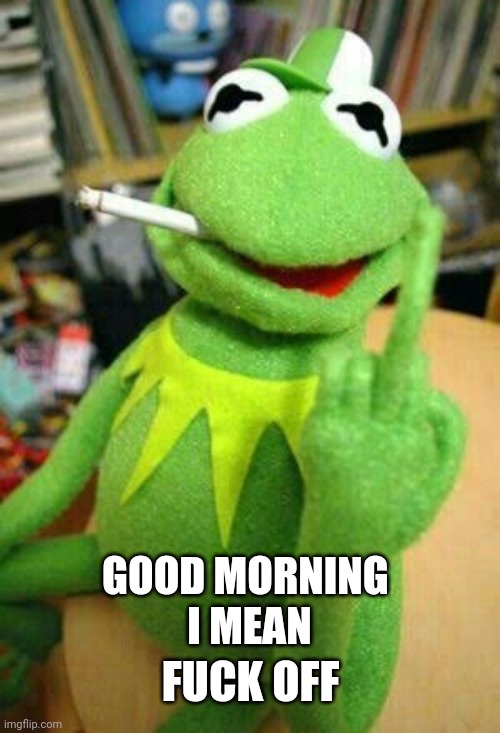 Good morning | GOOD MORNING 
I MEAN; FUCK OFF | image tagged in kermit the frog | made w/ Imgflip meme maker
