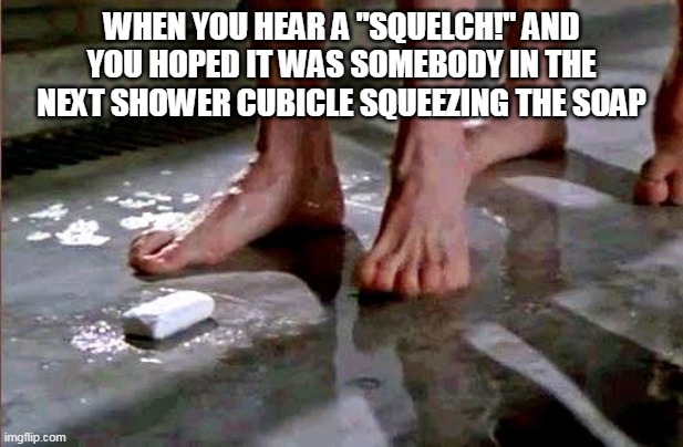 drop the soap | WHEN YOU HEAR A "SQUELCH!" AND YOU HOPED IT WAS SOMEBODY IN THE NEXT SHOWER CUBICLE SQUEEZING THE SOAP | image tagged in drop the soap | made w/ Imgflip meme maker