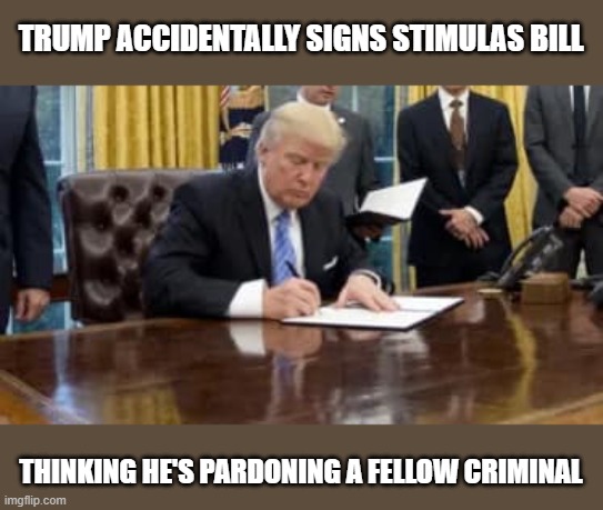 Corrupt individuals always favor saving their own co-conspirators over those they've sworn to protect | TRUMP ACCIDENTALLY SIGNS STIMULAS BILL; THINKING HE'S PARDONING A FELLOW CRIMINAL | image tagged in trump,corruption,criminal pardons,self serving,loser,stimulus package | made w/ Imgflip meme maker