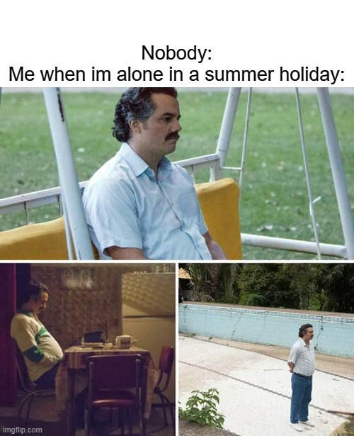 Summer holiday without friends, isnt that boring? | Nobody:
Me when im alone in a summer holiday: | image tagged in memes,sad pablo escobar | made w/ Imgflip meme maker