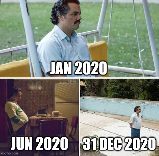 Define year 2020 | JAN 2020; JUN 2020; 31 DEC 2020 | image tagged in memes,sad pablo escobar | made w/ Imgflip meme maker