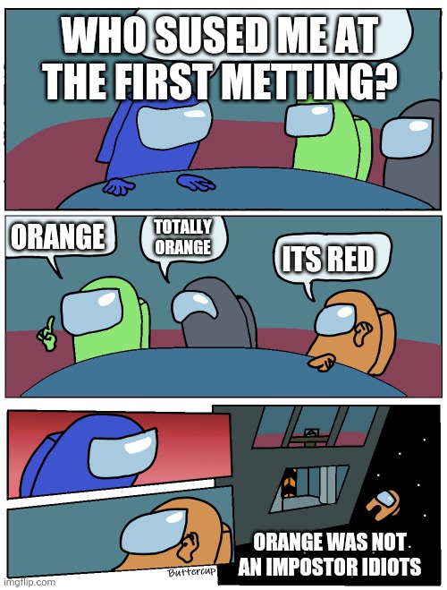 Among Us Meeting | WHO SUSED ME AT THE FIRST METTING? TOTALLY ORANGE; ORANGE; ITS RED; ORANGE WAS NOT AN IMPOSTOR IDIOTS | image tagged in among us meeting | made w/ Imgflip meme maker