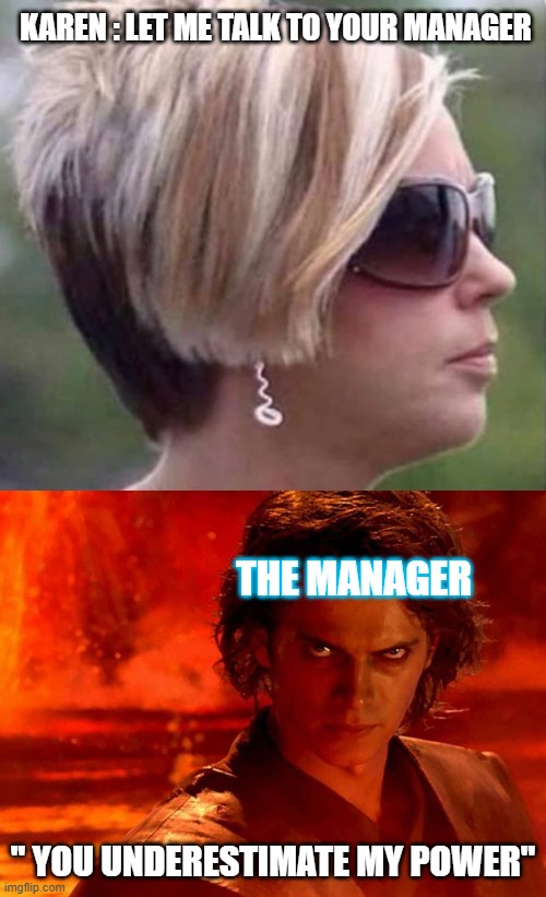 KAREN : LET ME TALK TO YOUR MANAGER; THE MANAGER; " YOU UNDERESTIMATE MY POWER" | image tagged in memes,you underestimate my power | made w/ Imgflip meme maker
