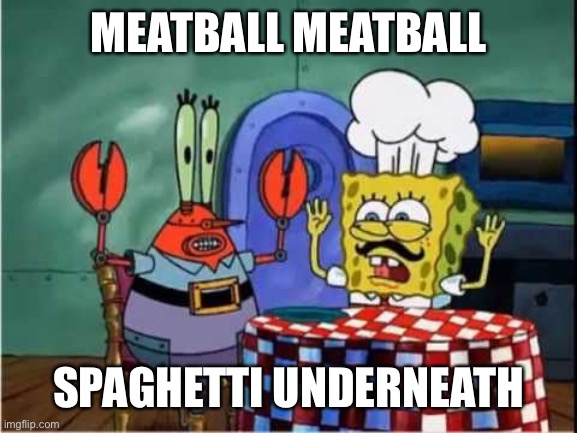 Spongebob Spaghetti | MEATBALL MEATBALL; SPAGHETTI UNDERNEATH | image tagged in spongebob spaghetti | made w/ Imgflip meme maker