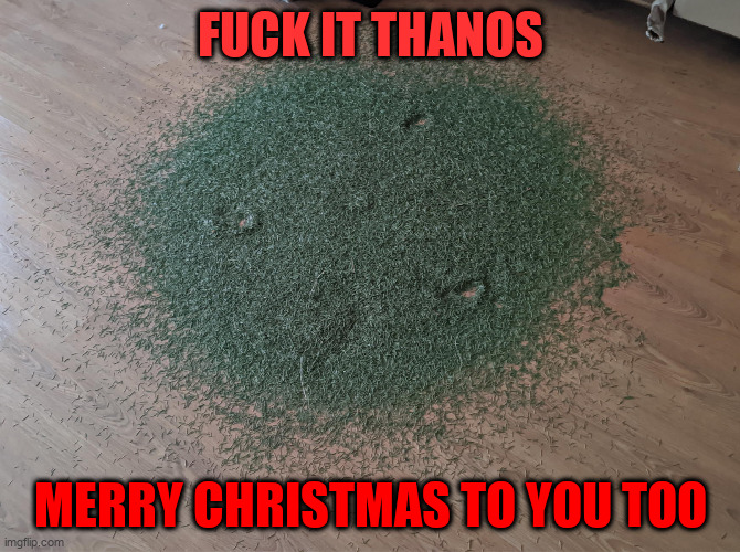 Christmas Greetings from Thanos | FUCK IT THANOS; MERRY CHRISTMAS TO YOU TOO | image tagged in christmas,tree,thanos,destruction,fuck | made w/ Imgflip meme maker