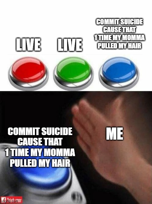 haha pressing blue button go brrrrrrrrrrrrrrrrrrrrrrrrrrrrrr | COMMIT SUICIDE CAUSE THAT 1 TIME MY MOMMA PULLED MY HAIR; LIVE; LIVE; ME; COMMIT SUICIDE CAUSE THAT 1 TIME MY MOMMA PULLED MY HAIR | image tagged in three buttons,suicide,mom pulling my hair,not living | made w/ Imgflip meme maker