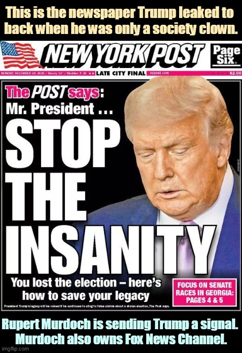 Trump's favorite newspaper. | This is the newspaper Trump leaked to 
back when he was only a society clown. Rupert Murdoch is sending Trump a signal. 
Murdoch also owns Fox News Channel. | image tagged in trump's favorite newspaper says he's insane,trump,insanity,fox news | made w/ Imgflip meme maker