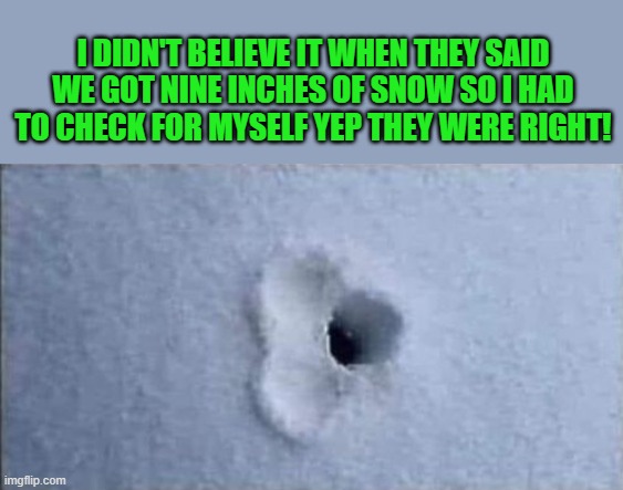 nine inches of snow | I DIDN'T BELIEVE IT WHEN THEY SAID WE GOT NINE INCHES OF SNOW SO I HAD TO CHECK FOR MYSELF YEP THEY WERE RIGHT! | image tagged in nine inches,snow | made w/ Imgflip meme maker