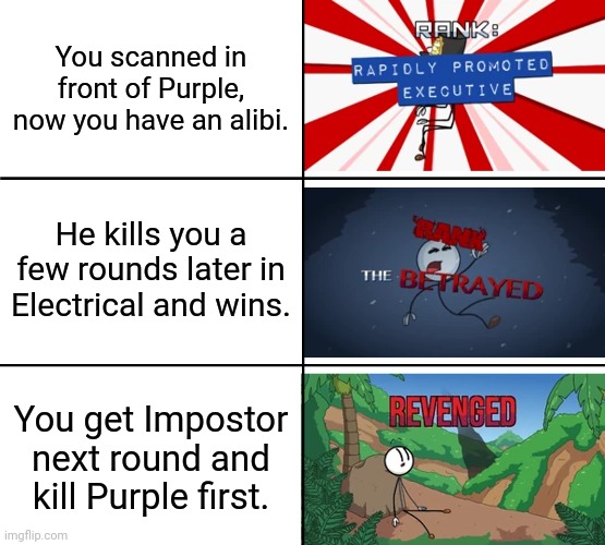 Ah yes. Getting an alibi from the Impostor. | You scanned in front of Purple, now you have an alibi. He kills you a few rounds later in Electrical and wins. You get Impostor next round and kill Purple first. | image tagged in henry stickmin toppat ranks,memes,among us,there is 1 imposter among us,revenge | made w/ Imgflip meme maker