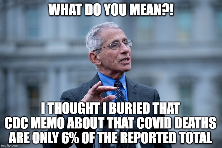 Fauci | WHAT DO YOU MEAN?! I THOUGHT I BURIED THAT CDC MEMO ABOUT THAT COVID DEATHS ARE ONLY 6% OF THE REPORTED TOTAL | image tagged in fauci | made w/ Imgflip meme maker