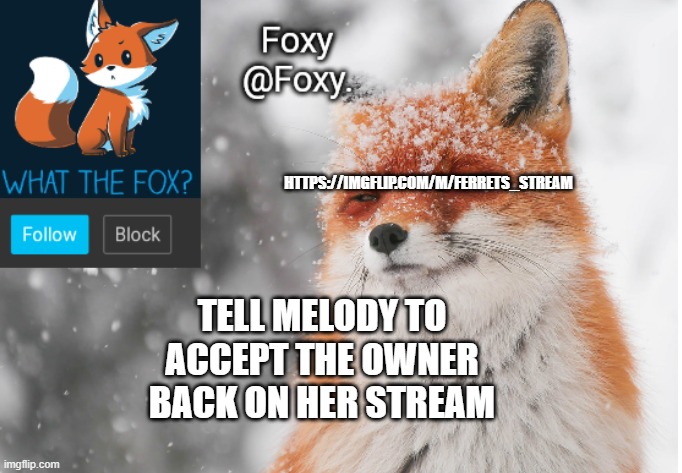 Foxy's announcement template | HTTPS://IMGFLIP.COM/M/FERRETS_STREAM; TELL MELODY TO ACCEPT THE OWNER BACK ON HER STREAM | image tagged in foxy's announcement template | made w/ Imgflip meme maker