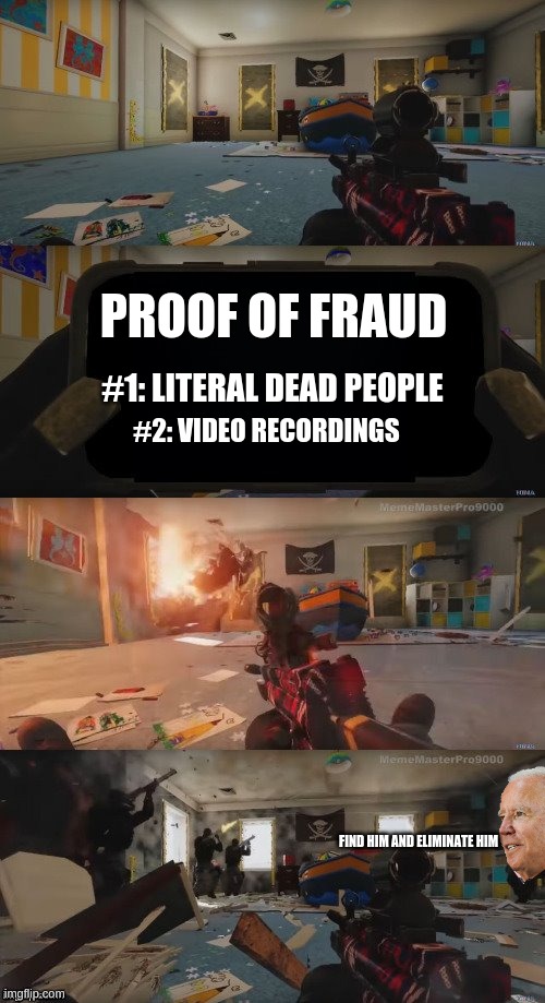 FBI Open Up | #1: LITERAL DEAD PEOPLE PROOF OF FRAUD #2: VIDEO RECORDINGS FIND HIM AND ELIMINATE HIM | image tagged in fbi open up | made w/ Imgflip meme maker