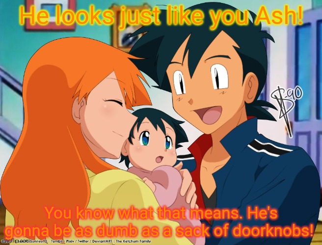 Morrr AU Ash problems | He looks just like you Ash! You know what that means. He's gonna be as dumb as a sack of doorknobs! | image tagged in pokemon,ash ketchum,misty,baby,stupid people,problems | made w/ Imgflip meme maker
